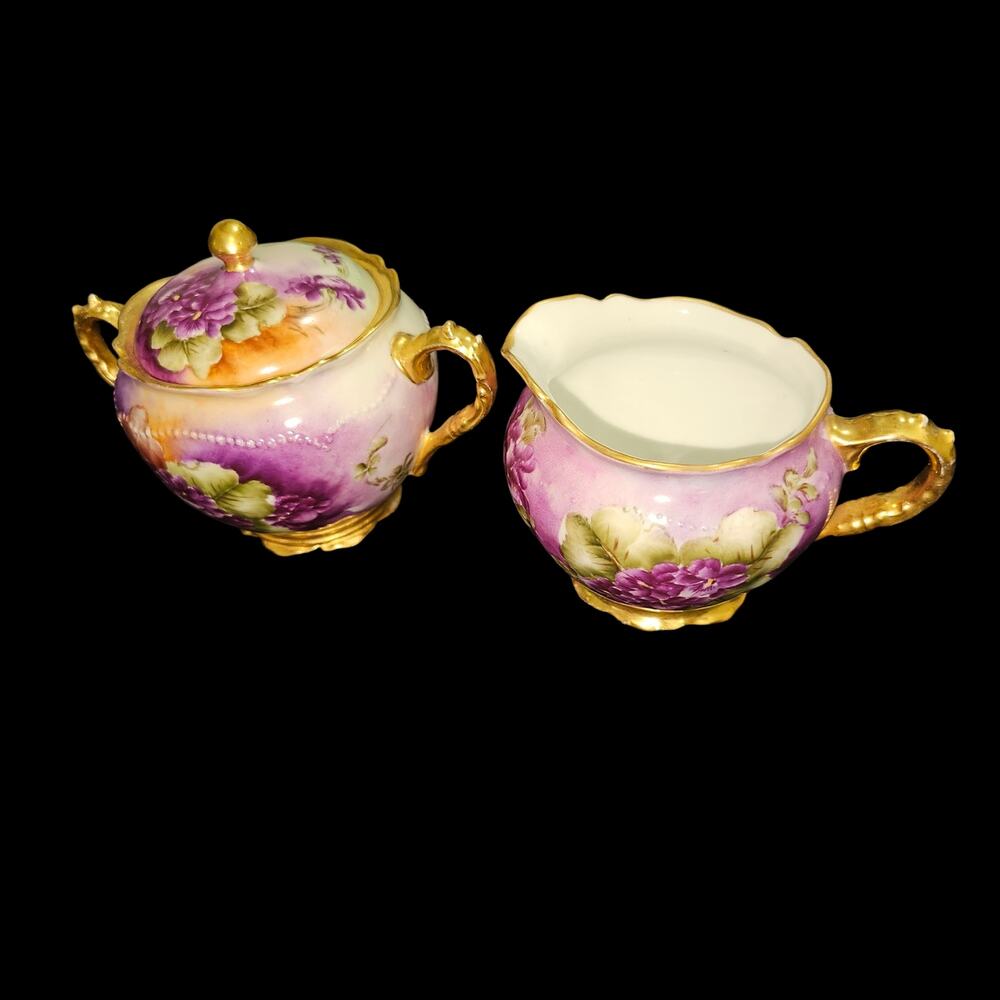 Antique O&EG Royal Austria Floral Sugar Bowl Creamer Set Gold